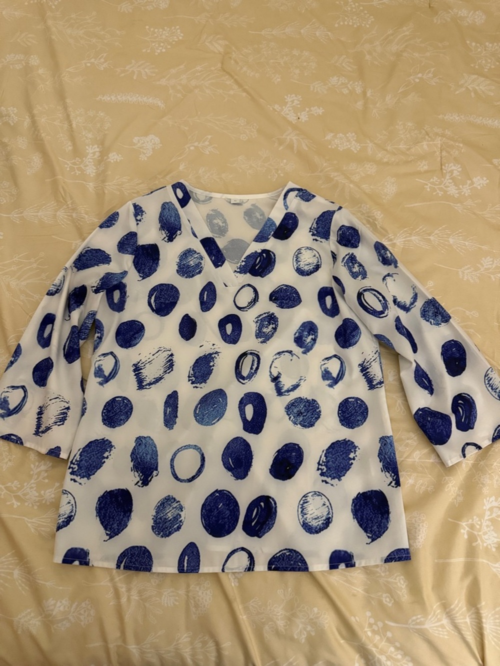 Women's White V-Neck Blouse with Blue Dot Print
